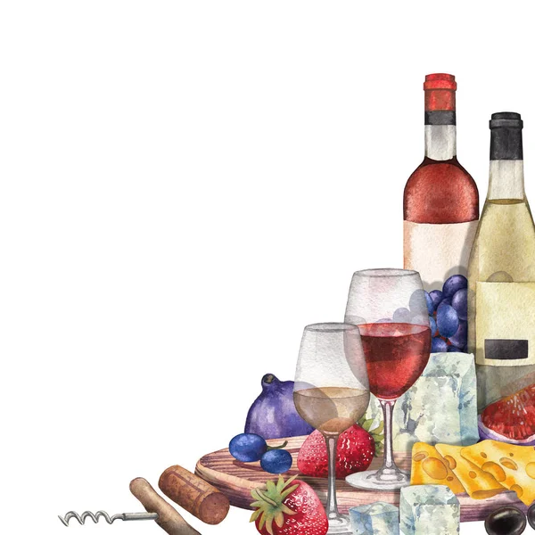 Watercolor wine glasses and bottles decorated with delicious food — Stock Photo, Image