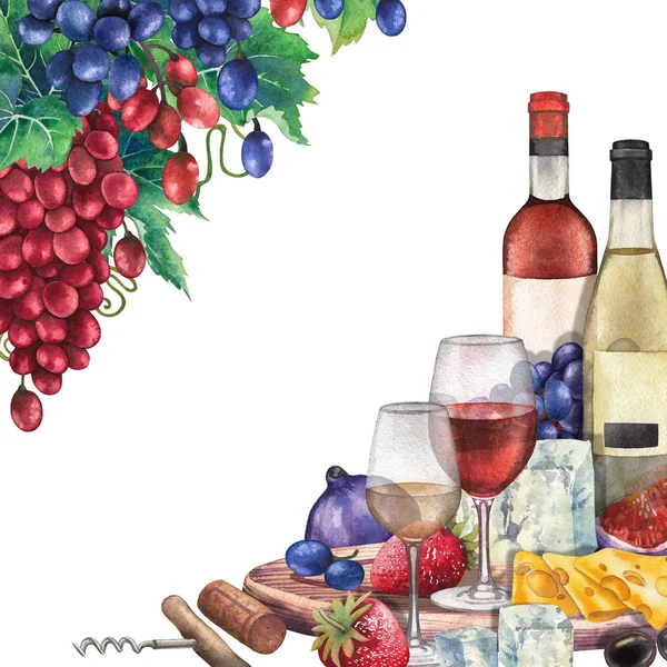 Watercolor wine glasses and bottles decorated with delicious food — Stock Photo, Image