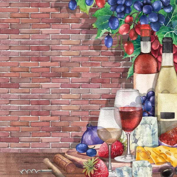 Copos de vinho aquarela e garrafas decoradas com comida deliciosa — Fotografia de Stock