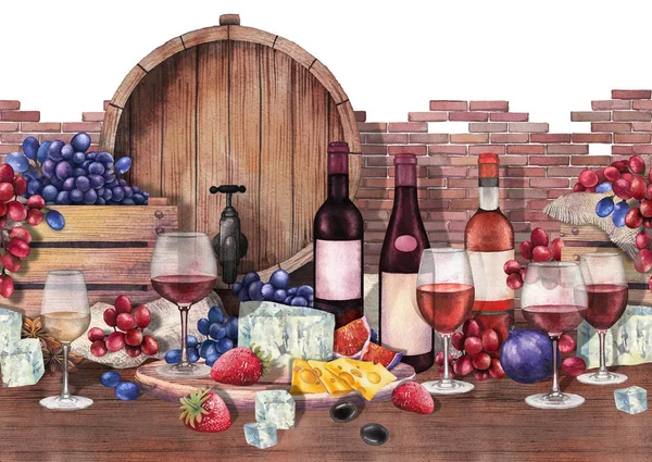 美味しい料理で飾られた水彩画ワイン グラスとボトル — ストック写真