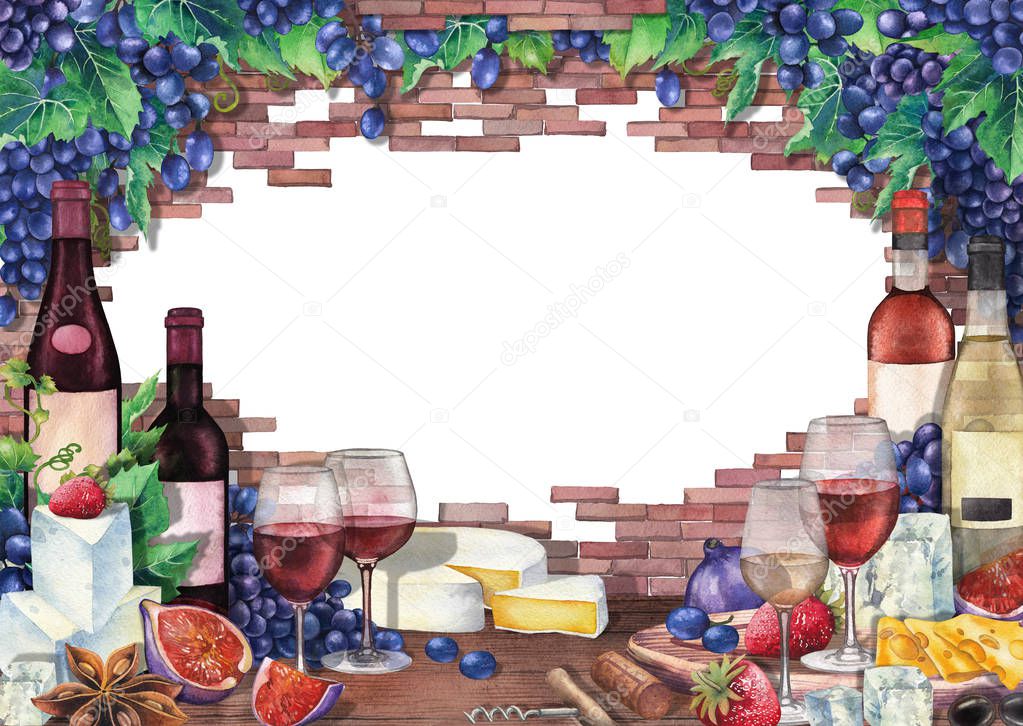 Watercolor wine glasses and bottles decorated with delicious food