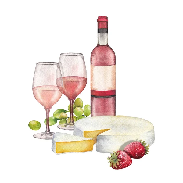 Copos de vinho aquarela e garrafa decorada ganhar queijo, morangos e uvas — Fotografia de Stock