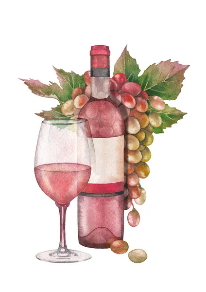 Copa de acuarela de vino rosa, botella y racimo de uvas blancas y rojas — Foto de Stock