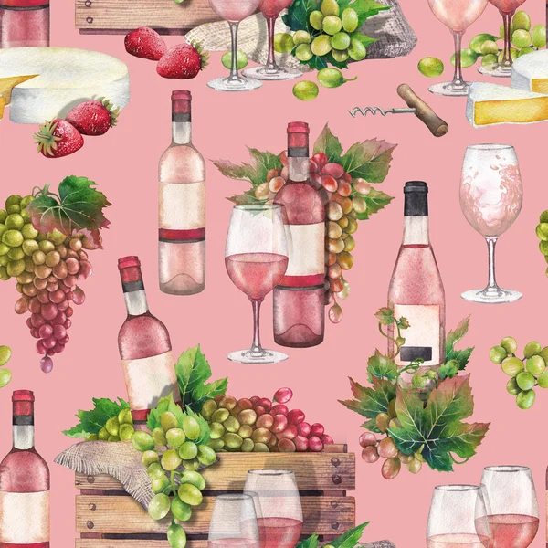 Aquarel doos met fles en druiven met wijnglazen vooraan — Stockfoto