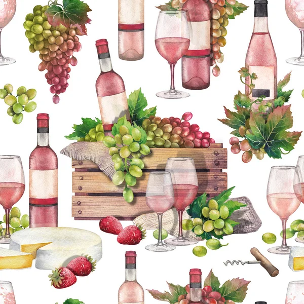 Akvarell låda med flaska och druvor, vinglas, ost och srtrawberries — Stockfoto