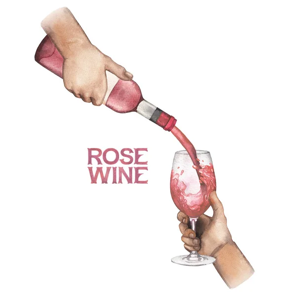 Aquarel hand gieten rose wijn uit fles in glas — Stockfoto