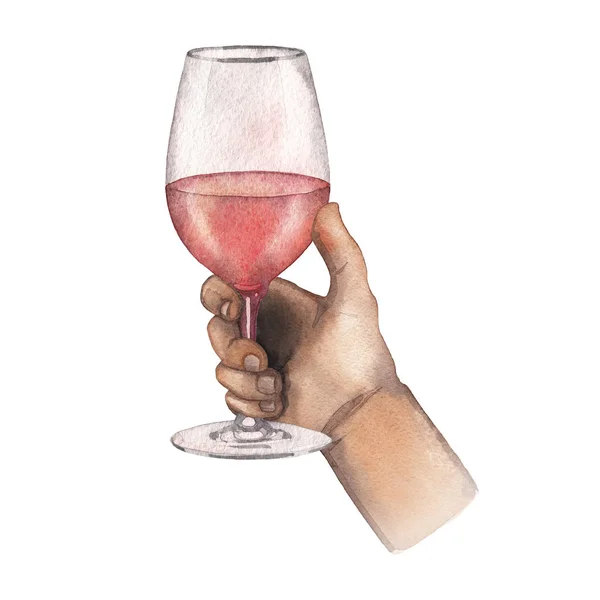 Watercolor mão segurando vidro de vinho rosa isolado no fundo branco — Fotografia de Stock
