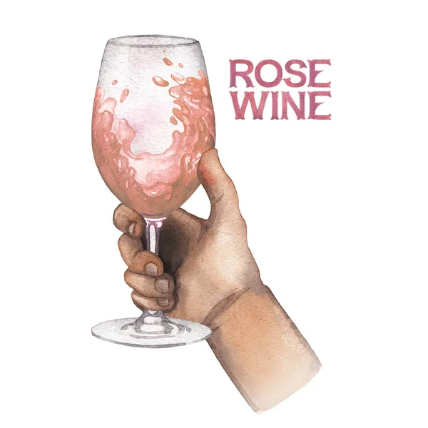 Акварель рука тримає келих трояндового вина ізольовано на білому тлі — стокове фото