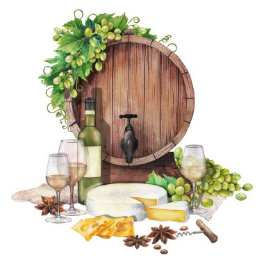 Watercolor barrel with wine glasses and bottle, cheese and grapes clipart