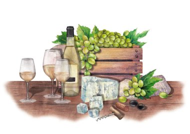 Watercolor wine glasses and bottles, box of grapes, cheese, cork and corkscrew clipart