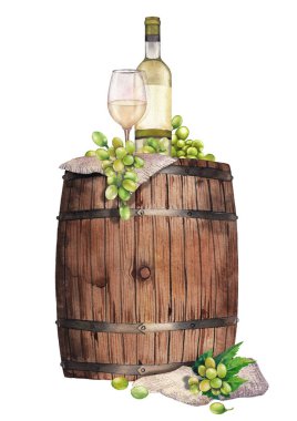 Watercolor glass of white wine, bottle and grapes on the wooden barrel clipart