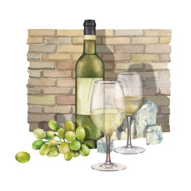 Two watercolor glasses of white wine, bottle, white grapes and cheese clipart