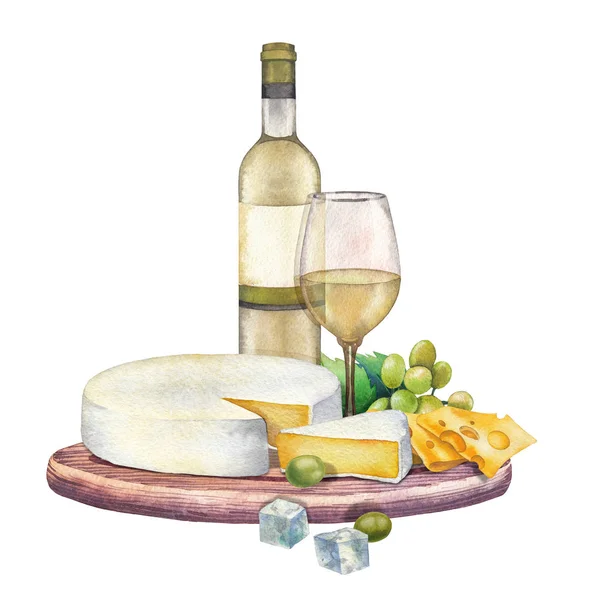 Garrafa de aquarela e copo de vinho com queijo camembert e uvas — Fotografia de Stock