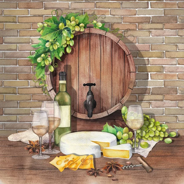 Barril aquarela com copos de vinho e garrafa, queijo e uvas — Fotografia de Stock