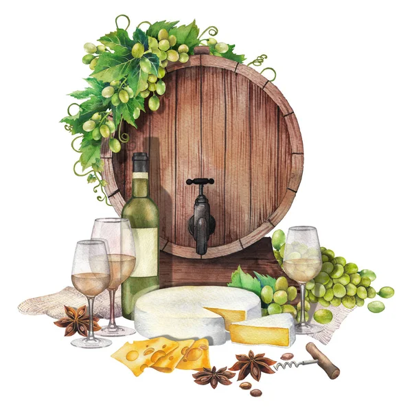 Watercolor barrel with wine glasses and bottle, cheese and grapes — Stock Photo, Image
