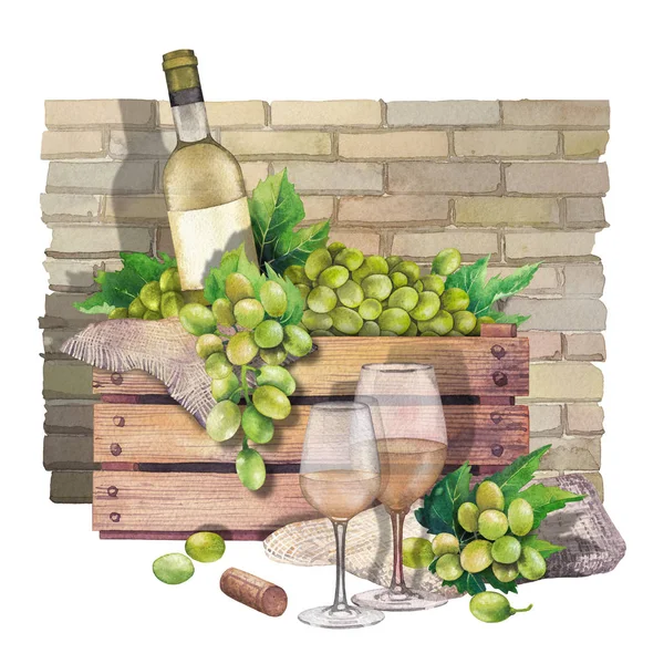 Коробка акварели с бутылкой и виноградом, бокалы — стоковое фото