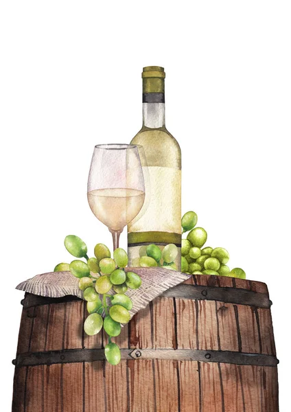 Акварельный бокал белого вина, бутылки и винограда на деревянной бочке — стоковое фото
