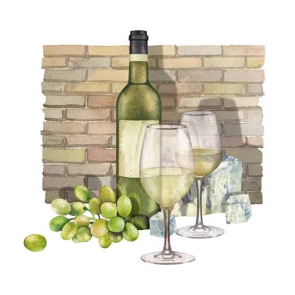 Two watercolor glasses of white wine, bottle, white grapes and cheese — Stock Photo, Image