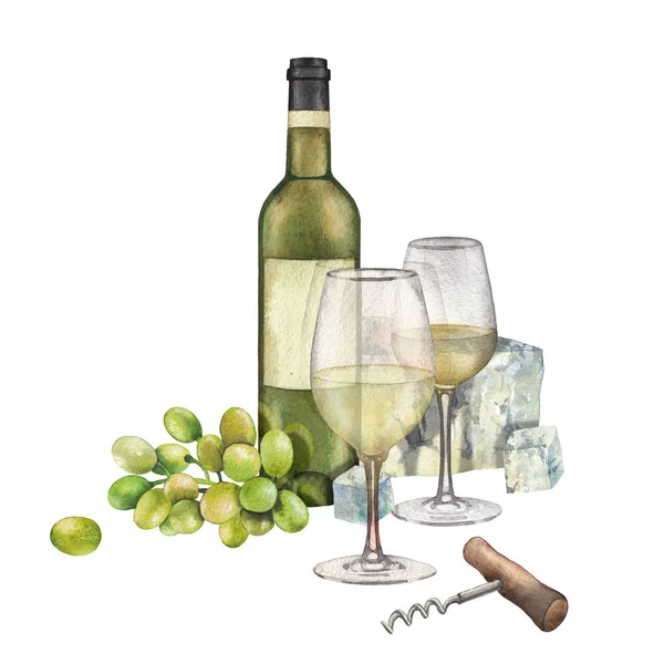 Dos copas de acuarela de vino blanco, botella, uvas blancas y queso — Foto de Stock