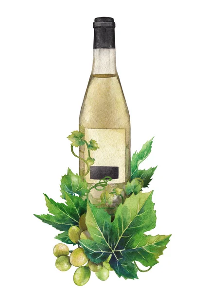 Garrafa aquarela de vinho branco decorado com folhas de uva e bagas — Fotografia de Stock