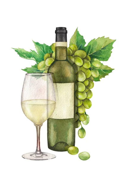 Акварельний келих білого вина, пляшка і букет білого винограду з листям — стокове фото