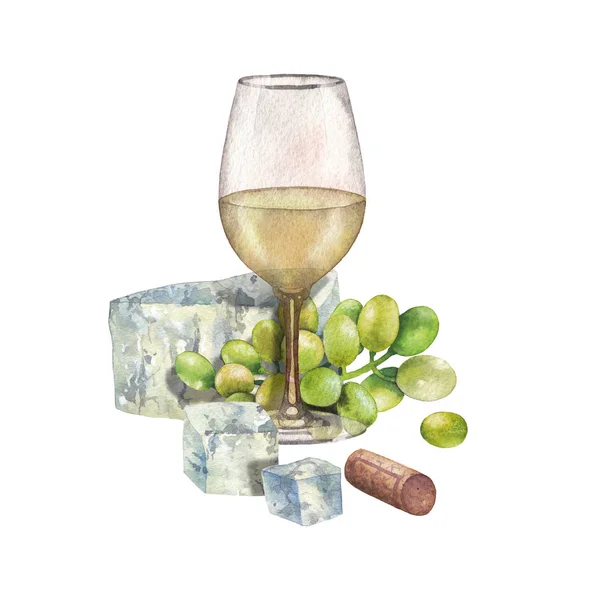 Akvarell glas vitt vin dekorerad med ost, druvor och kork — Stockfoto