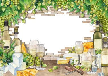 Watercolor glasses of white wine, bottles, white grapes and cheese. clipart