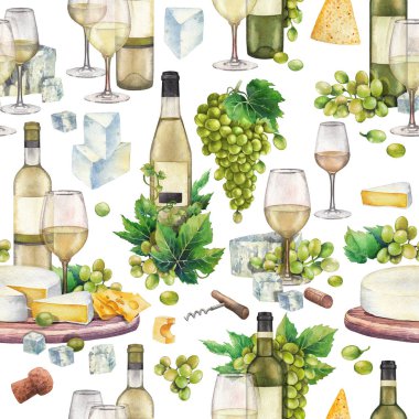 Watercolor wine glasses and bottles, white grapes, cheese, cork and corkscrew clipart