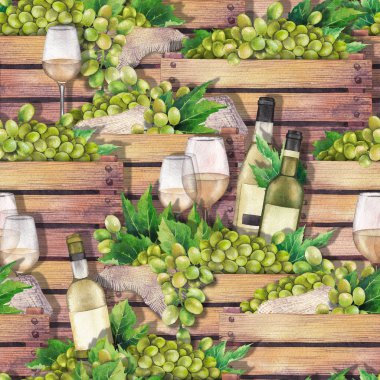 Watercolor wooden boxes with bottles, glasses of white wine and white grapes clipart