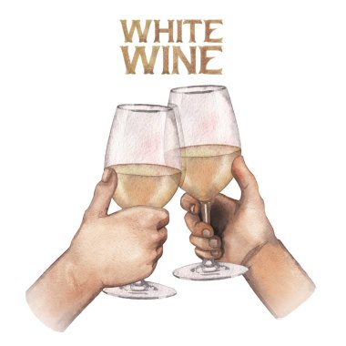 Bardak beyaz şarap holding iki suluboya eller