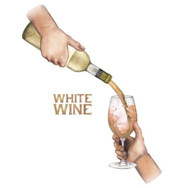 Watercolor hand pouring white wines from the bottle into the glass. clipart