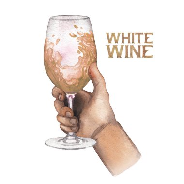 Bardak beyaz şarap sıçramasına tutan suluboya el. El boyalı beyaz arka plan üzerinde izole tasarım
