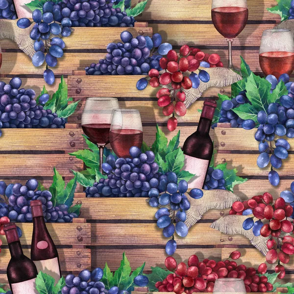 Aquarell-Holzkisten mit Flaschen, Rotweingläsern und blauen und roten Trauben. — Stockfoto