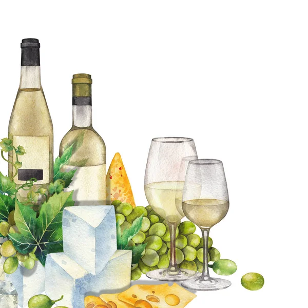 Copas de acuarela de vino blanco, botellas, uvas blancas y queso . — Foto de Stock
