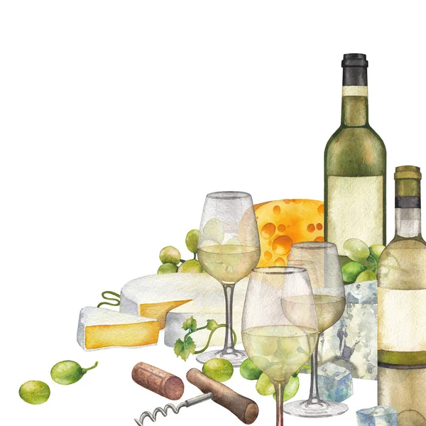 Copas de acuarela de vino blanco, botellas, uvas blancas y queso . — Foto de Stock