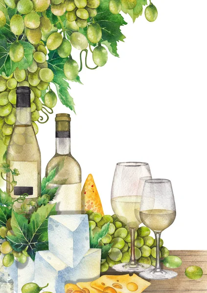 Copas de acuarela de vino blanco, botellas, uvas blancas y queso . — Foto de Stock