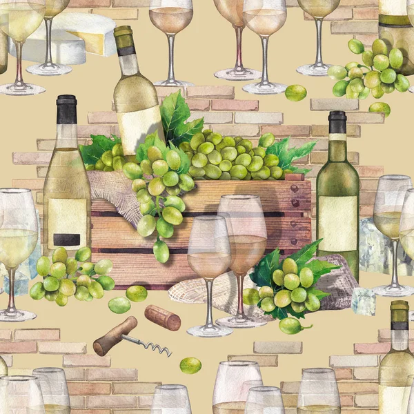 Watercolor box with bottle and grapes with wine glasses in front — Stock Photo, Image