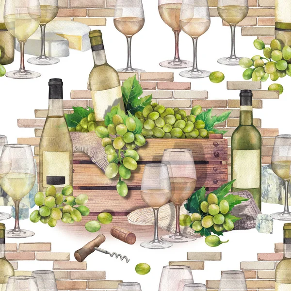 Aquarellbox mit Flasche und Trauben mit Weingläsern davor — Stockfoto
