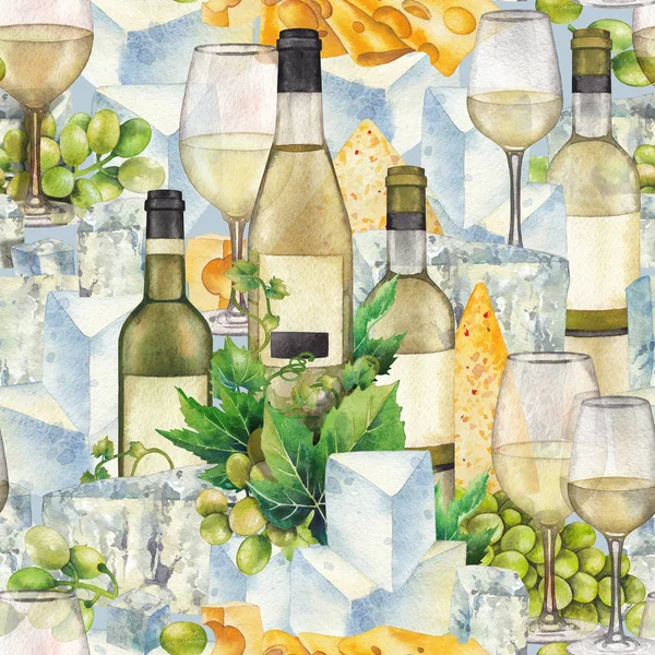 Aquarellgläser mit Weißwein, Flaschen, weißen Trauben und Käse. — Stockfoto