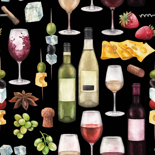 Акварельні келихи для вина, пляшки та іншу смачну їжу — стокове фото