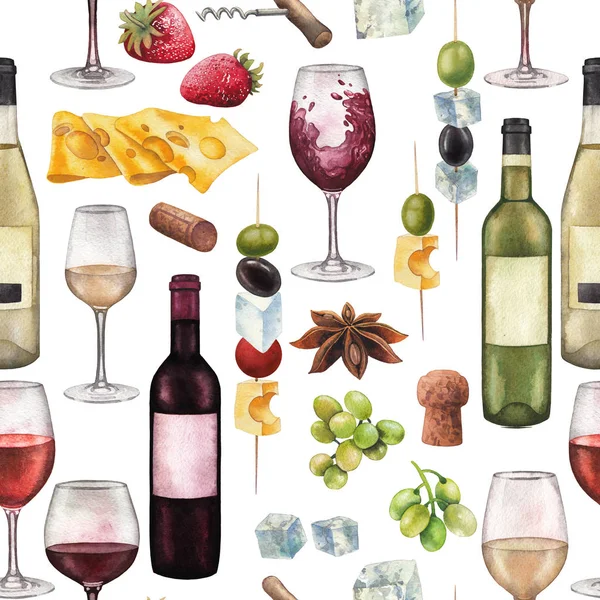 Copos de vinho aquarela, garrafas e outros alimentos deliciosos — Fotografia de Stock