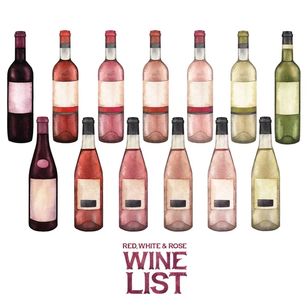 Aquarellkollektion von roten, weißen und rosafarbenen Weinflaschen. — Stockfoto
