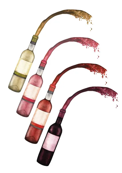 Акварельный набор бутылок с красно-белым и розовым вином, выплескивающимся из него — стоковое фото