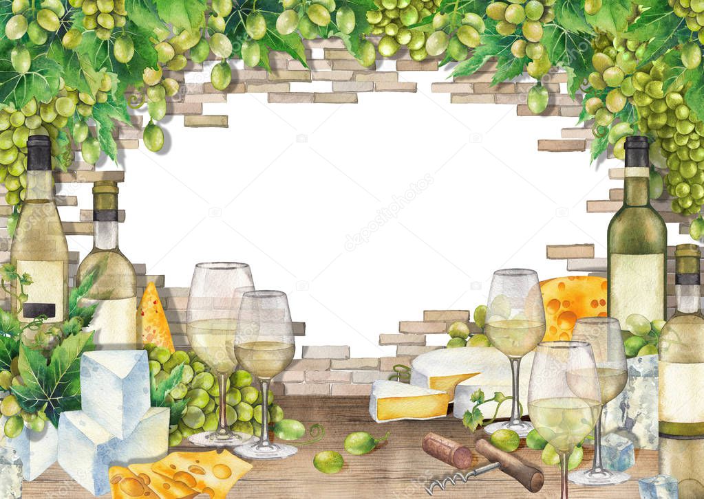 Watercolor glasses of white wine, bottles, white grapes and cheese.