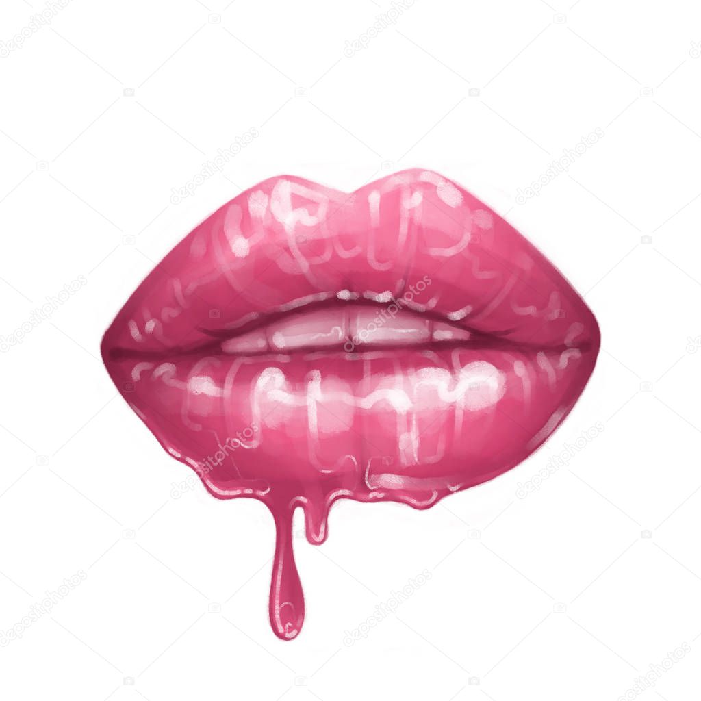 Realistic lips with flowing glossy lipsticks in pink color