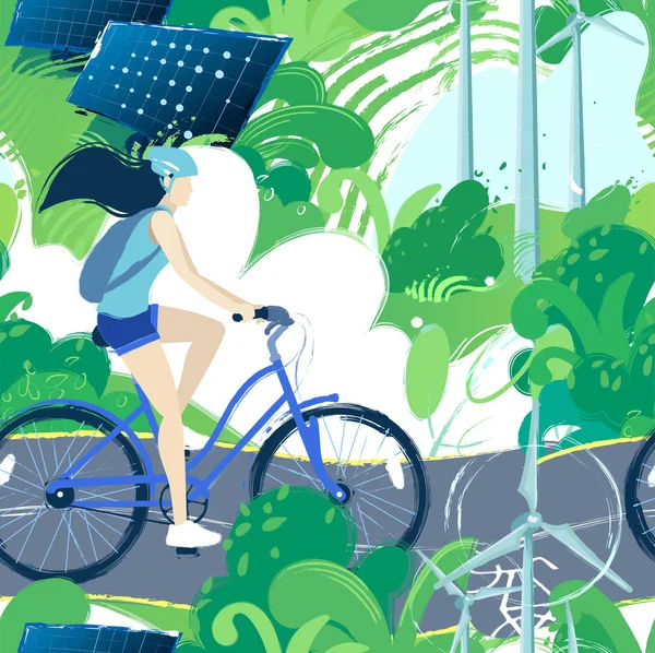 Εφηβικό κορίτσι ιππασία ποδήλατο στο μονοπάτι ποδήλατο μέσα από τα πράσινα λιβάδια. — Διανυσματικό Αρχείο