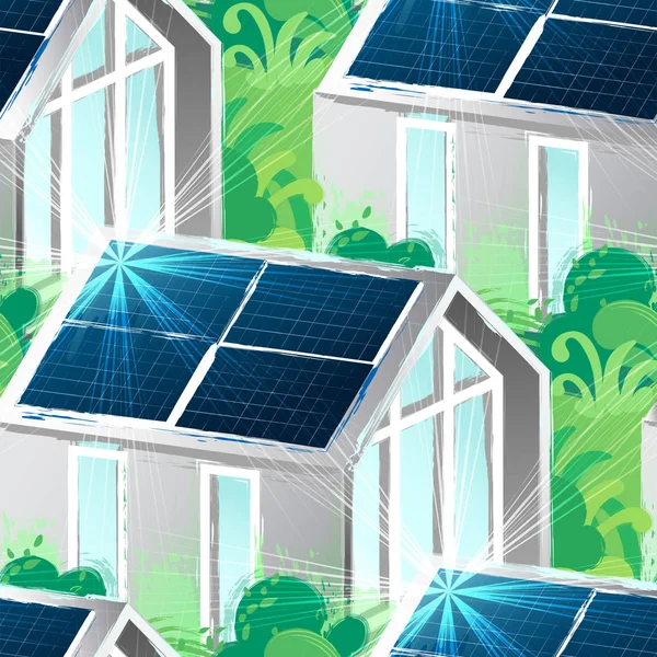 De zon langs de hemel beweegt en verlicht de zonnepanelen op het dak van het huis — Stockvector