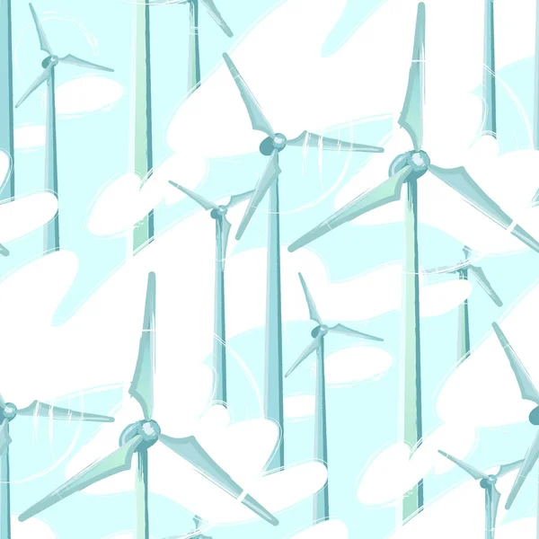 多云天空中旋转风力涡轮机的矢量模式 — 图库矢量图片
