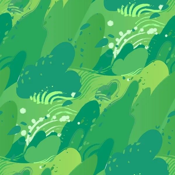 Champs verts avec vent fort soufflant les feuilles des buissons — Image vectorielle