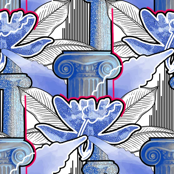 Εξωτικά σχεδιασμό με αρχαία στήλη Ιωνικό και τροπικά λουλούδια — Διανυσματικό Αρχείο